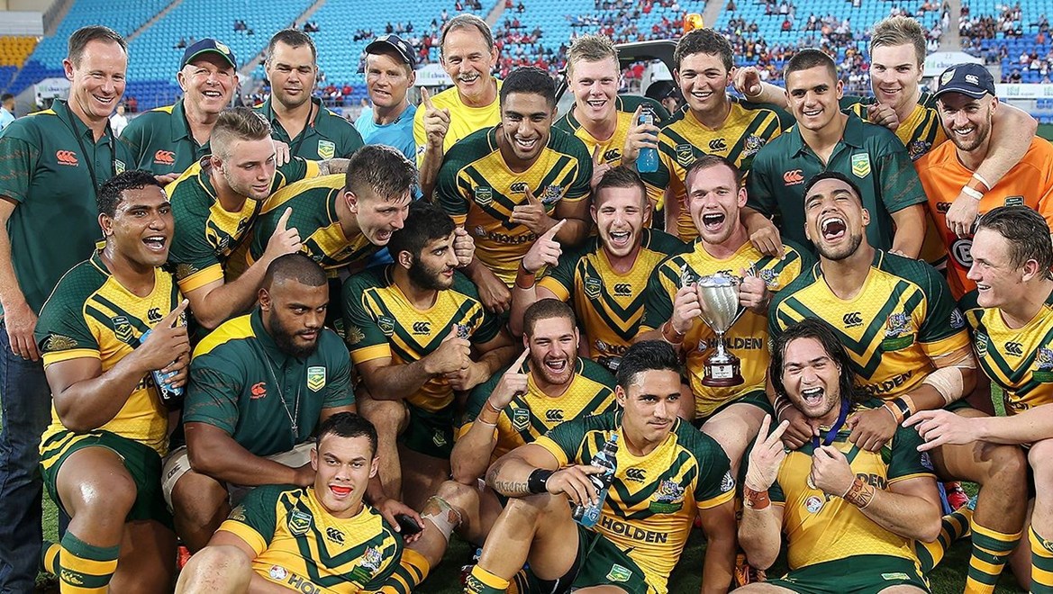 The Junior Kangaroos celebrate at Cbus Super Stadium in the Gold Coast. Photo:  Grant Trouville © NRLphotos 