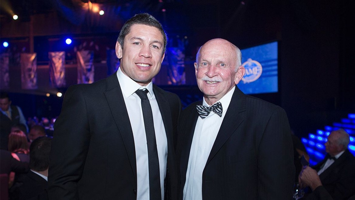 Kevin Wise (R) with Eels legend Nathan Cayless at the 2014 Hall of Fame Legends Gala Dinner. At Wise's farewell lunch in Parramatta