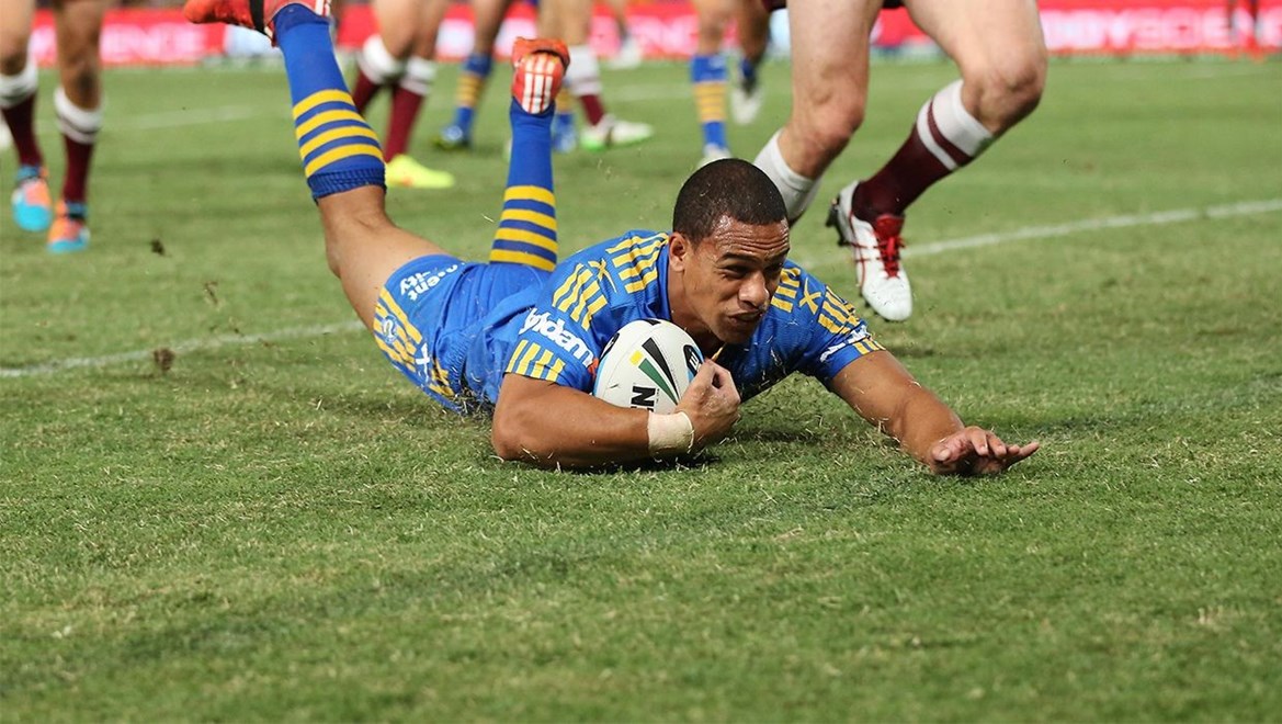 Will Hopoate scores the second try for the Eels. Photo: Robb Cox © nrlphotos.com