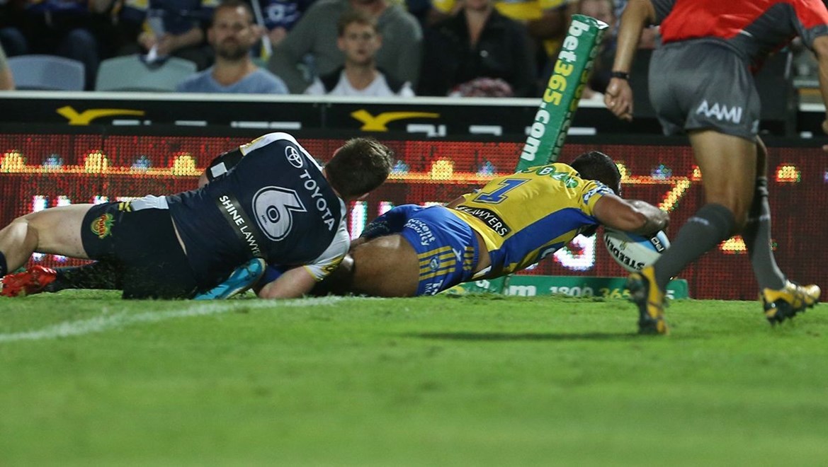 :		Digital image by Colin Whelan Â© copyright nrlphotos.com      Reece Robinson scores for the Eels               NRL Rugby League, Round 20, North Queensland Cowboys v Parramatta Eels at Townsville, Monday 27th July 2015
