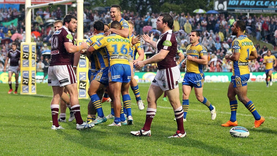 Parramatta Celebrate after Manu Ma'u scores :Digital Image Grant Trouville Â© NRLphotos  : NRL Rugby League - Round 24 Manly Sea Eagles v Parramatta Eels at Brookvale Oval Sunday the 23rd of August 2015.