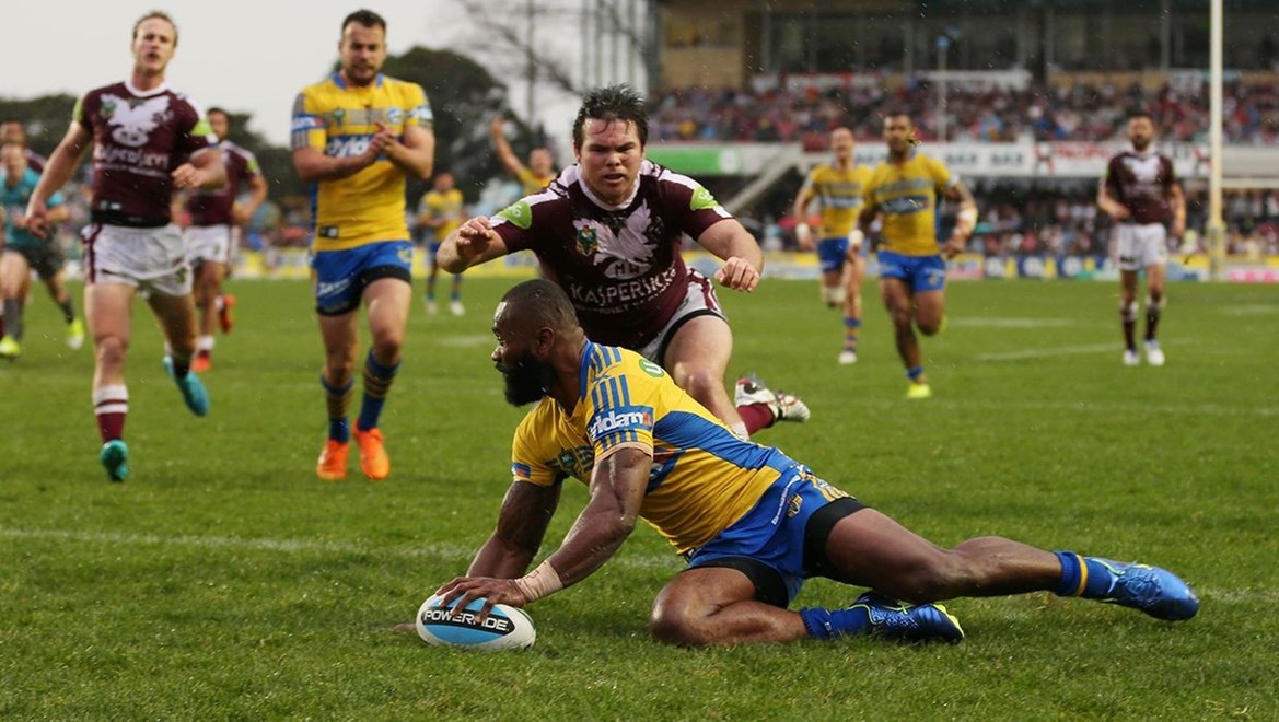 Semi Radradra Scores :Digital Image Grant Trouville Â© NRLphotos  : NRL Rugby League - Round 24 Manly Sea Eagles v Parramatta Eels at Brookvale Oval Sunday the 23rd of August 2015.
