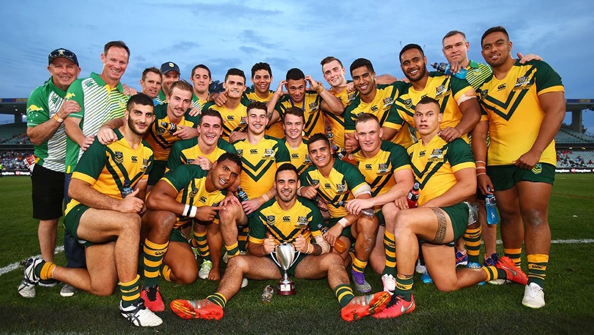 The Junior Kangaroos celebrate their 34-20 win at Pirtek Stadium. Photo: Mark Nolan (c) NRL Photos