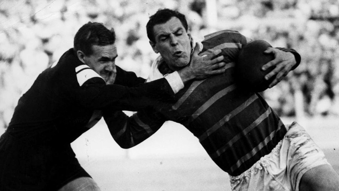 1960s : Ken Thornett (ball) tackled by Dave Barsley during Parramatta v Wests game in 1960s. Pic News Limited.HistoricalRugby League A/CT