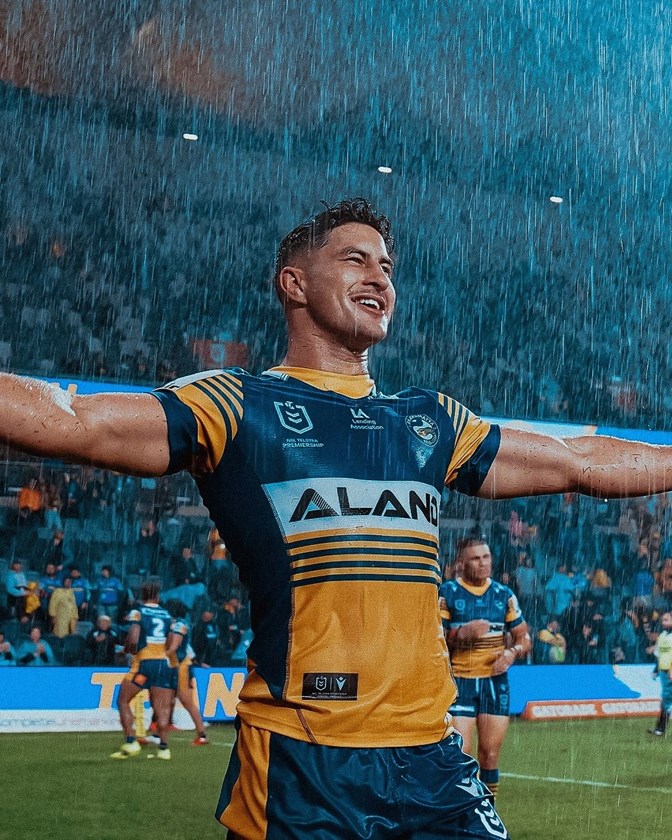 Dylan Brown celebrates a famous win over the Storm in 2021.