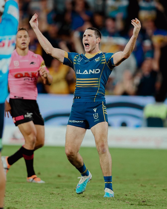 Mitch Moses celebrates his winning field goal against the Panthers in Round 4.