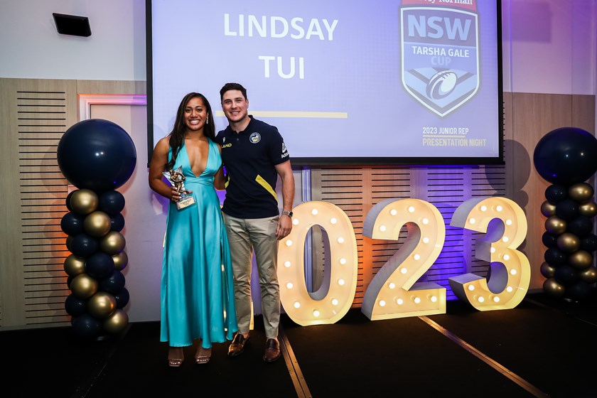 Tarsha Gale Cup Best & Fairest Player Lindsay Tui with Mitchell Moses.
