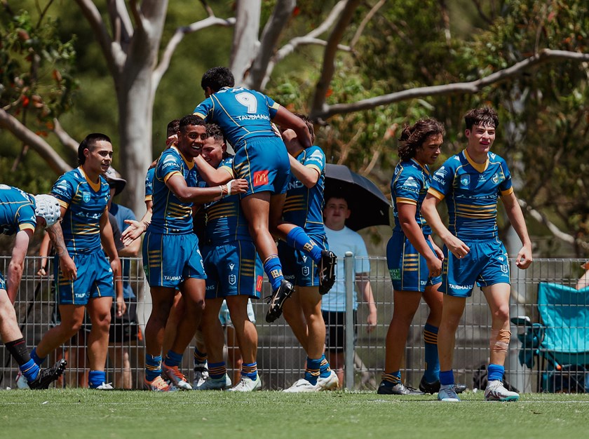 The Eels celebrate their dramatic Harold Matts victory.